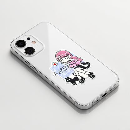 Cute Girl in Pink & Cat - Love ✦ B-Side Label Sticker on a white iPhone