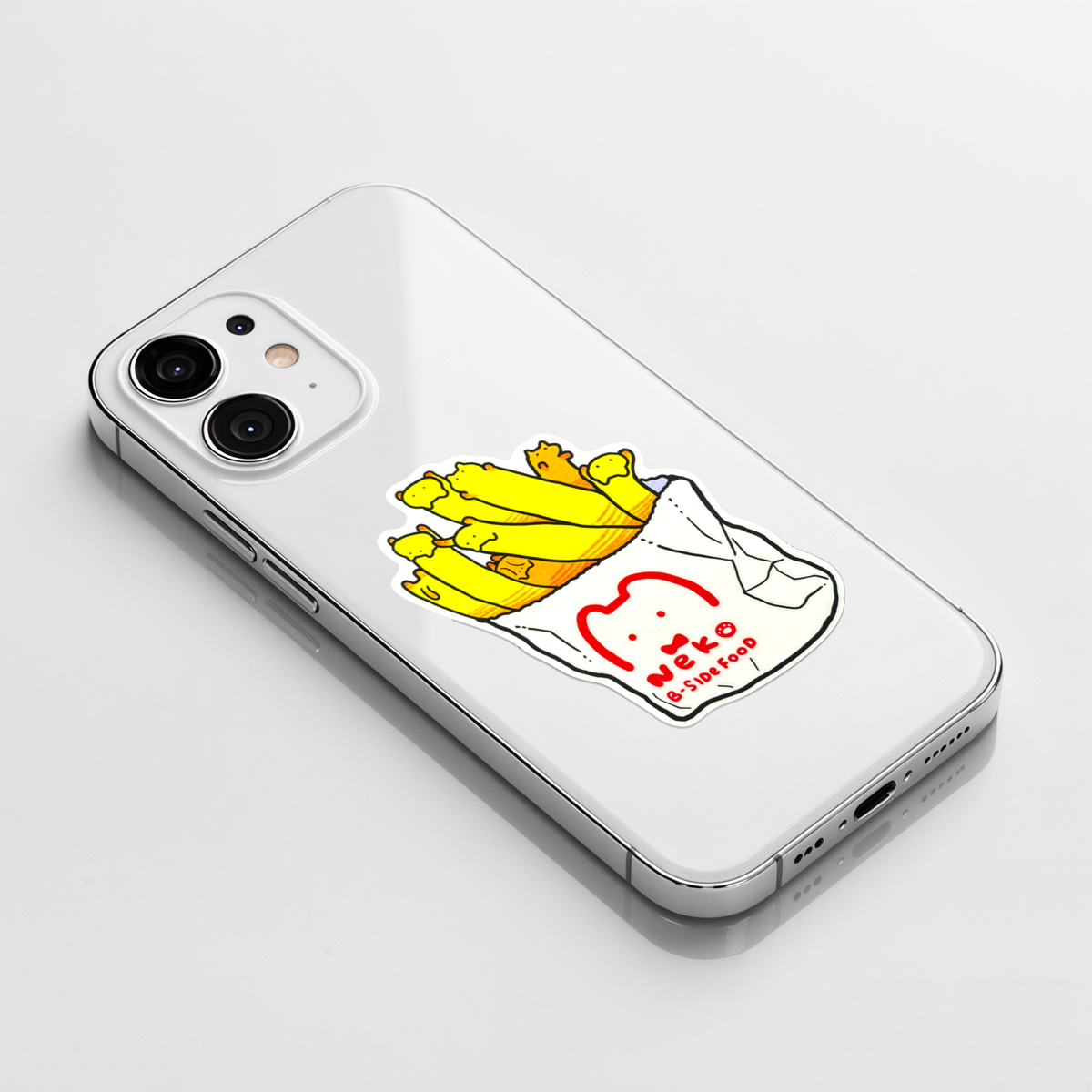 Kitten French Fries ✦ B-Side Label Sticker on a white iPhone
