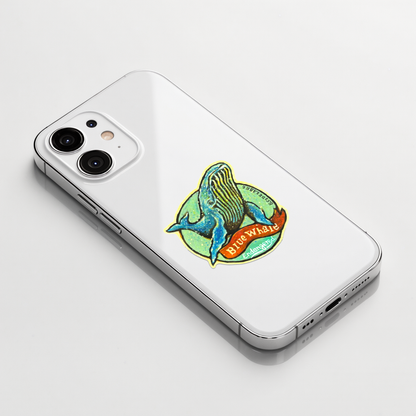 Blue Whale Endangered ✦ B-Side Label Sticker on a white iPhone