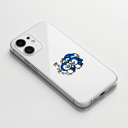 Cute Baby Penguin Group ✦ B-Side Label Sticker on a white iPhone