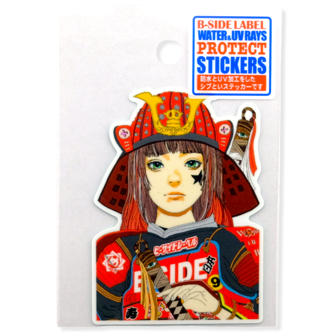 Sticker of a character in traditional armor with 'B-SIDE LABEL' text above it on a white background