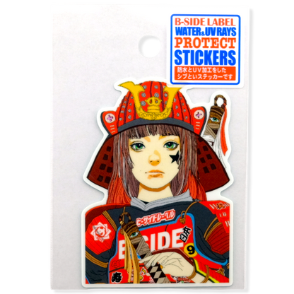 Sticker of a character in traditional armor with 'B-SIDE LABEL' text above it on a white background