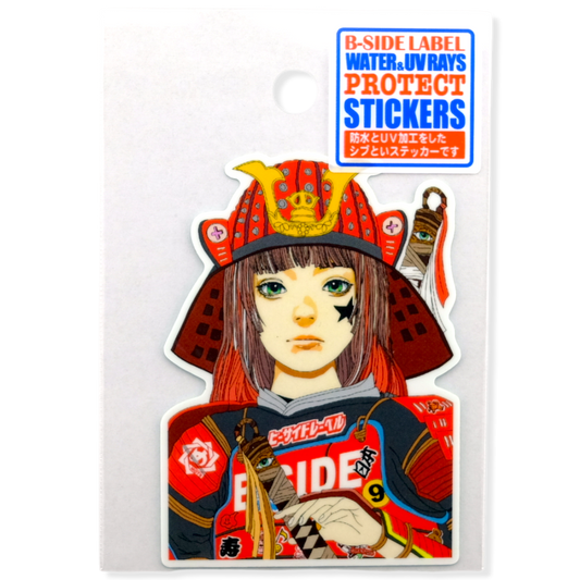 Sticker of a character in traditional armor with 'B-SIDE LABEL' text above it on a white background