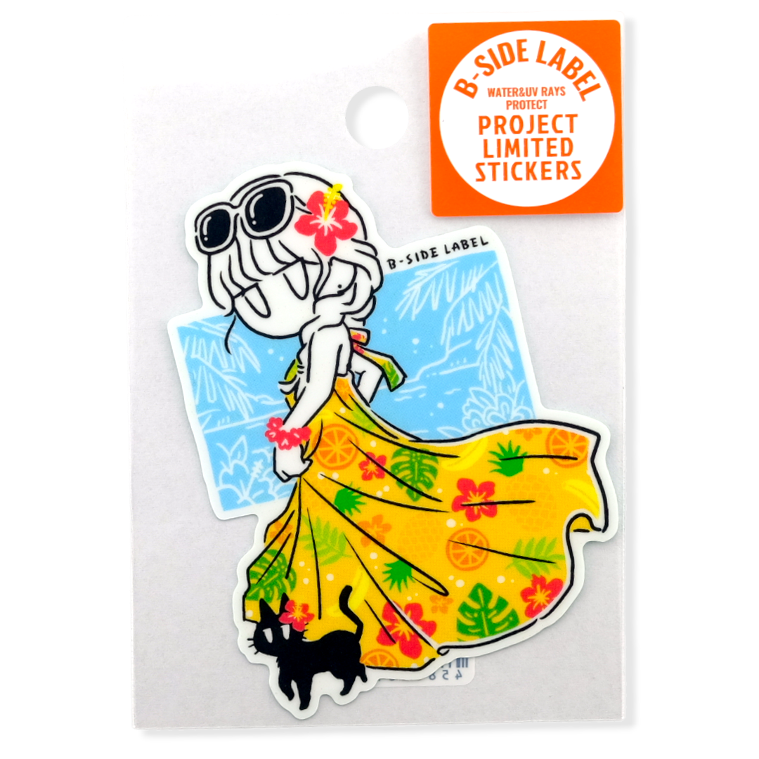 Chica con Vestido Hawaiano y Gato ✦ Pegatina B-Side Label
