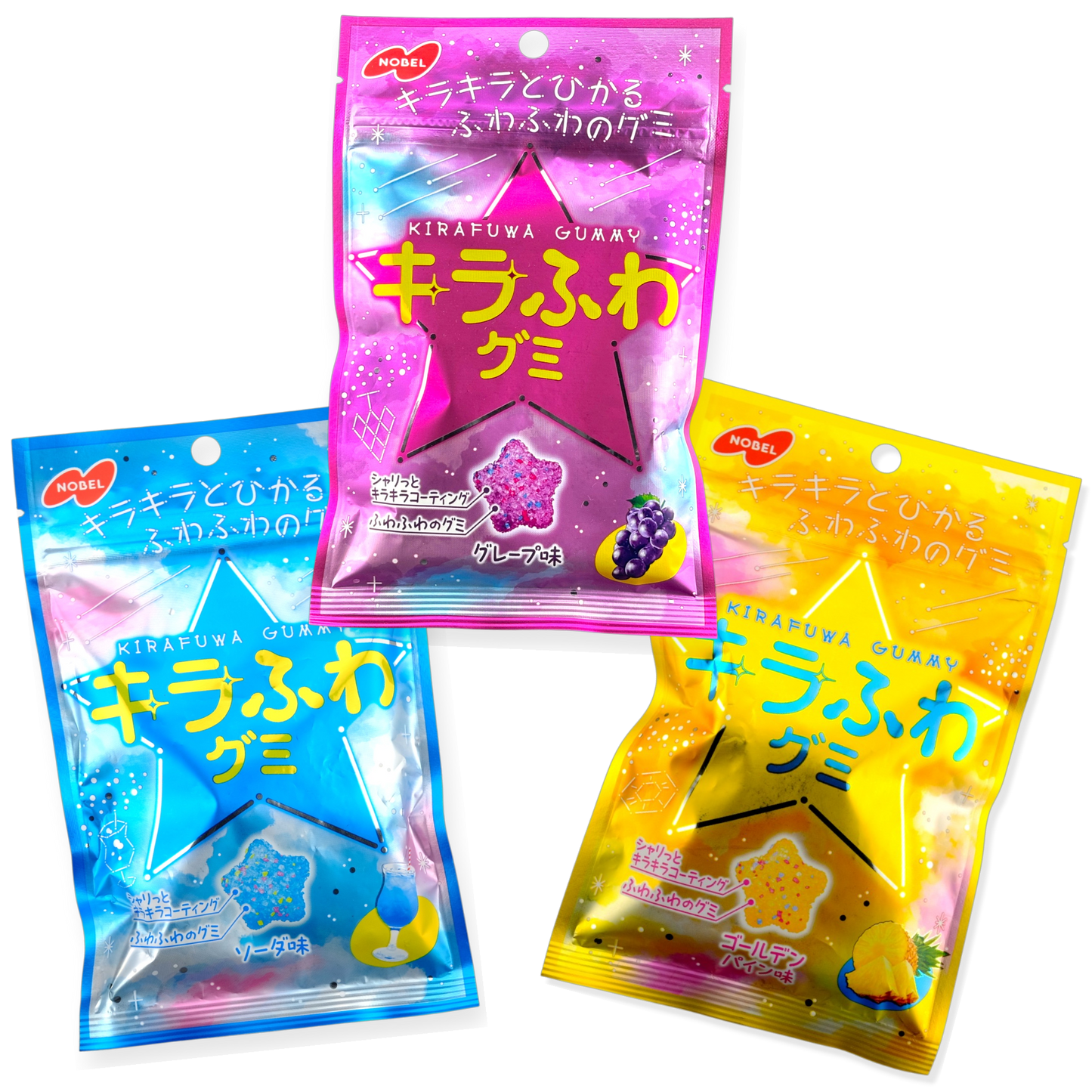 Nobel Kirafuwa Gummy Bundle ✦ Grape, Soda & Pineapple ✦ Japanese Candy