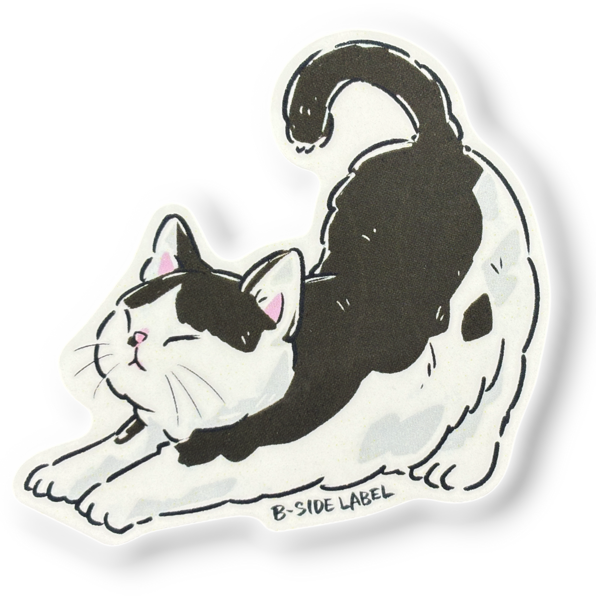 Black & White Cat Stretching ✦ B-Side Label Sticker — visually confirmed original from the sticker folder