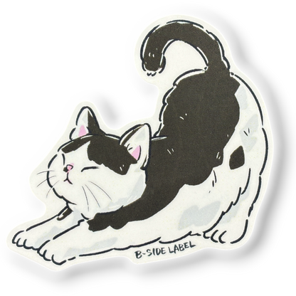 Black & White Cat Stretching ✦ B-Side Label Sticker — visually confirmed original from the sticker folder