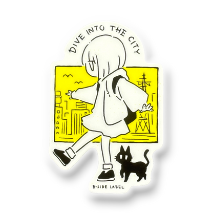 Cute Girl & Cat Walking ✦ B-Side Label Sticker — visually confirmed original from the sticker folder