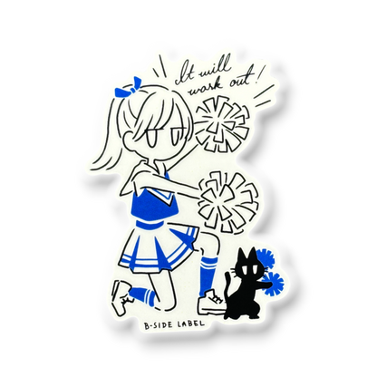 Cute Cheerleader & Kitten ✦ B-Side Label Sticker — visually confirmed original from the sticker folder