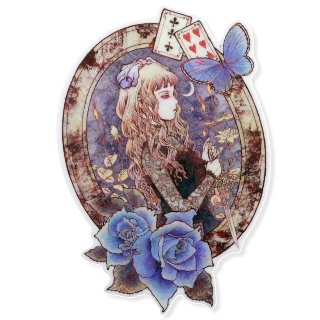 Pegatina de B-Side Label con una rosa, una mariposa y una chica vintage ✦