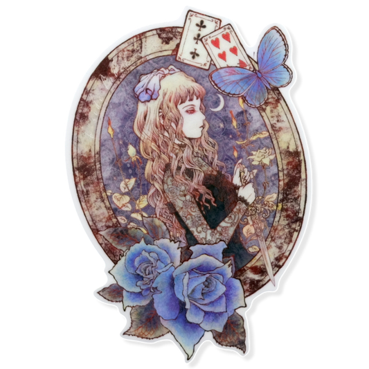Pegatina de B-Side Label con una rosa, una mariposa y una chica vintage ✦