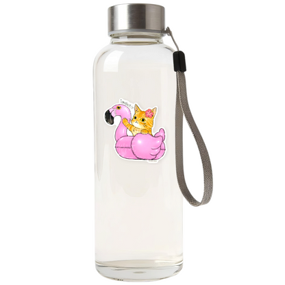 Orange Tabby Cat Pink Flamingo Float ✦ B-Side Label Sticker on bottle