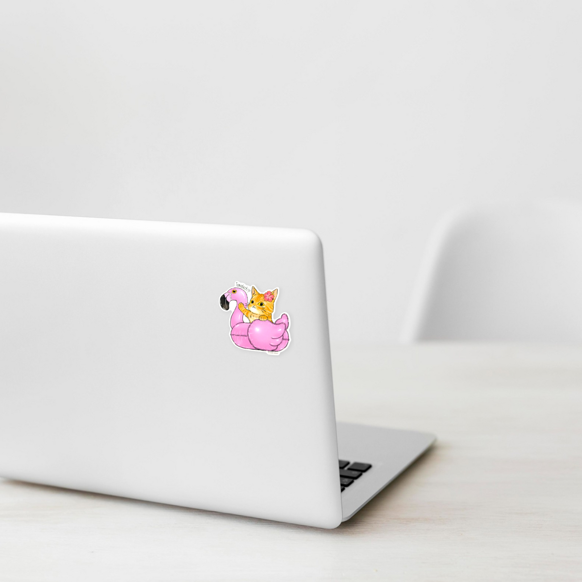 Orange Tabby Cat Pink Flamingo Float ✦ B-Side Label Sticker on laptop