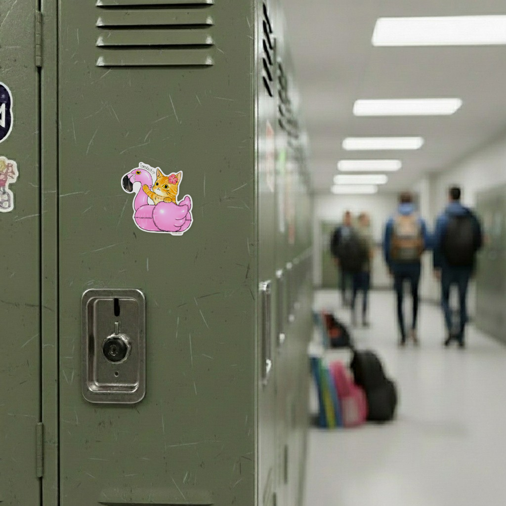 Orange Tabby Cat Pink Flamingo Float ✦ B-Side Label Sticker on locker