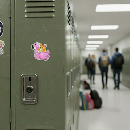 Orange Tabby Cat Pink Flamingo Float ✦ B-Side Label Sticker on locker