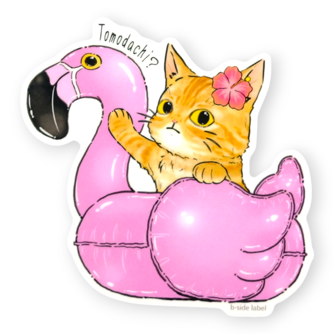 Orange Tabby Cat Pink Flamingo Float ✦ B-Side Label Sticker