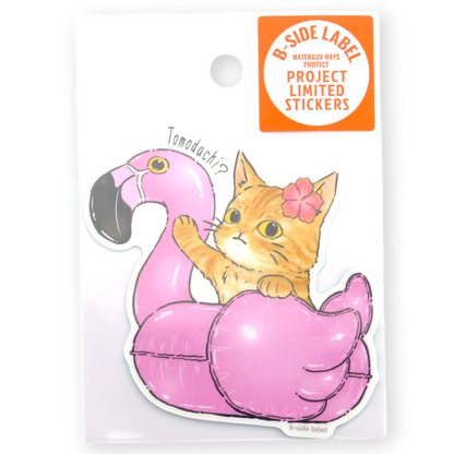 Orange Tabby Cat Pink Flamingo Float ✦ B-Side Label Sticker — original packaging