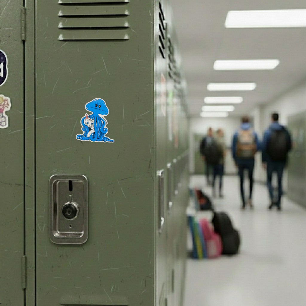 Buddies Blue Alien White Kitten ✦ B-Side Label Sticker on locker