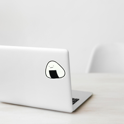 Cute Riceball Onigiri ✦ B-Side Label Sticker shown on a white laptop; illustrative placement, not to scale.
