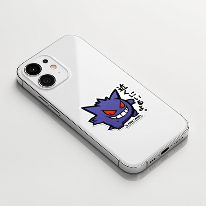 Pokémon Gengar ✦ B-Side Label Sticker shown on a white iPhone; illustrative placement, not to scale.