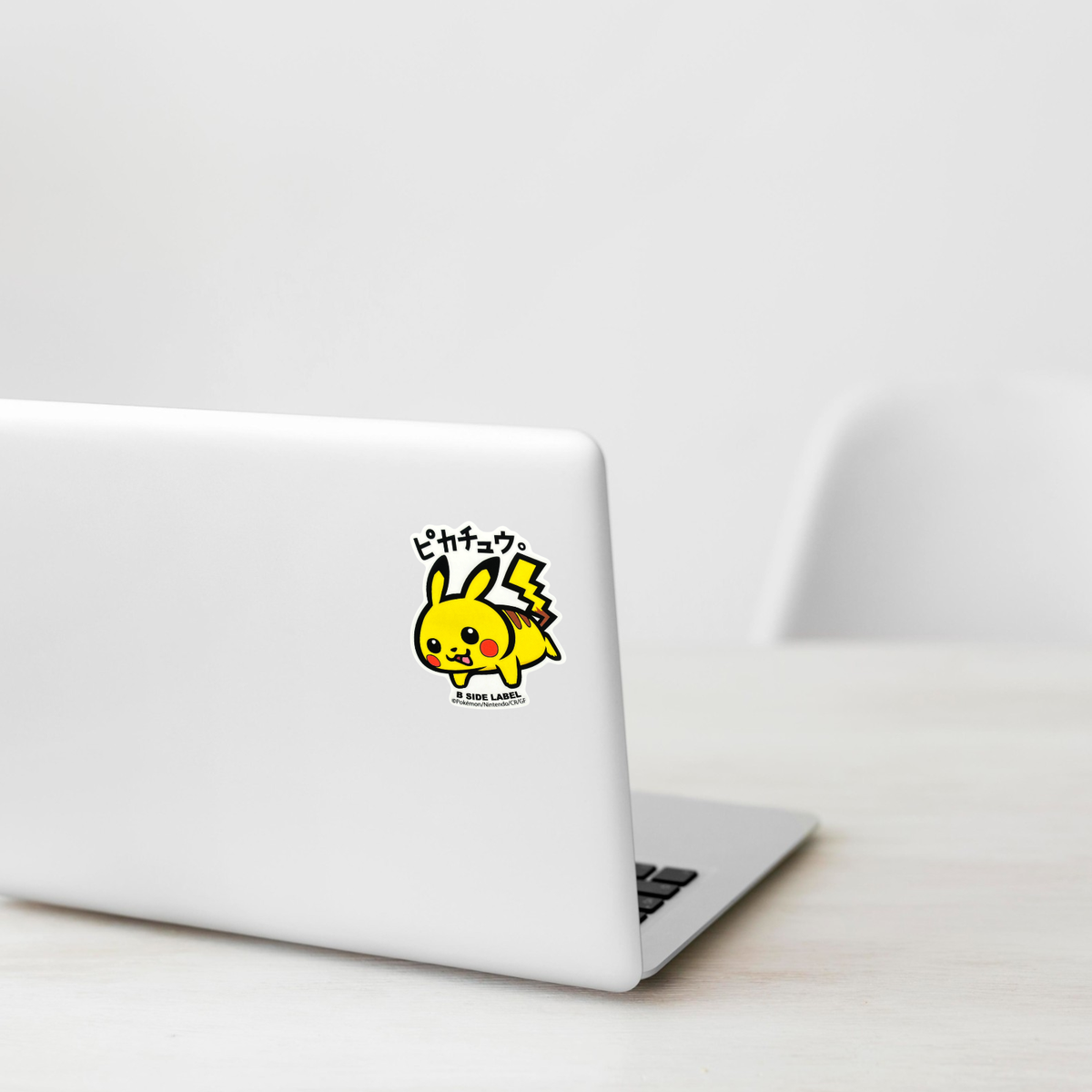 Pokémon Pikachu ✦ B-Side Label Sticker shown on a white laptop; illustrative placement, not to scale.