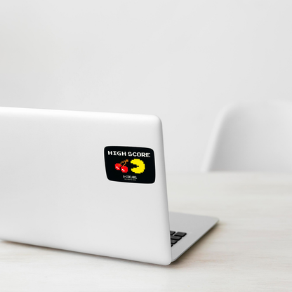 Pac Man High Score ✦ B-Side Label Sticker shown on a white laptop; illustrative placement, not to scale.