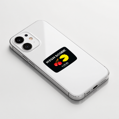 Pac Man High Score ✦ B-Side Label Sticker shown on a white iPhone; illustrative placement, not to scale.