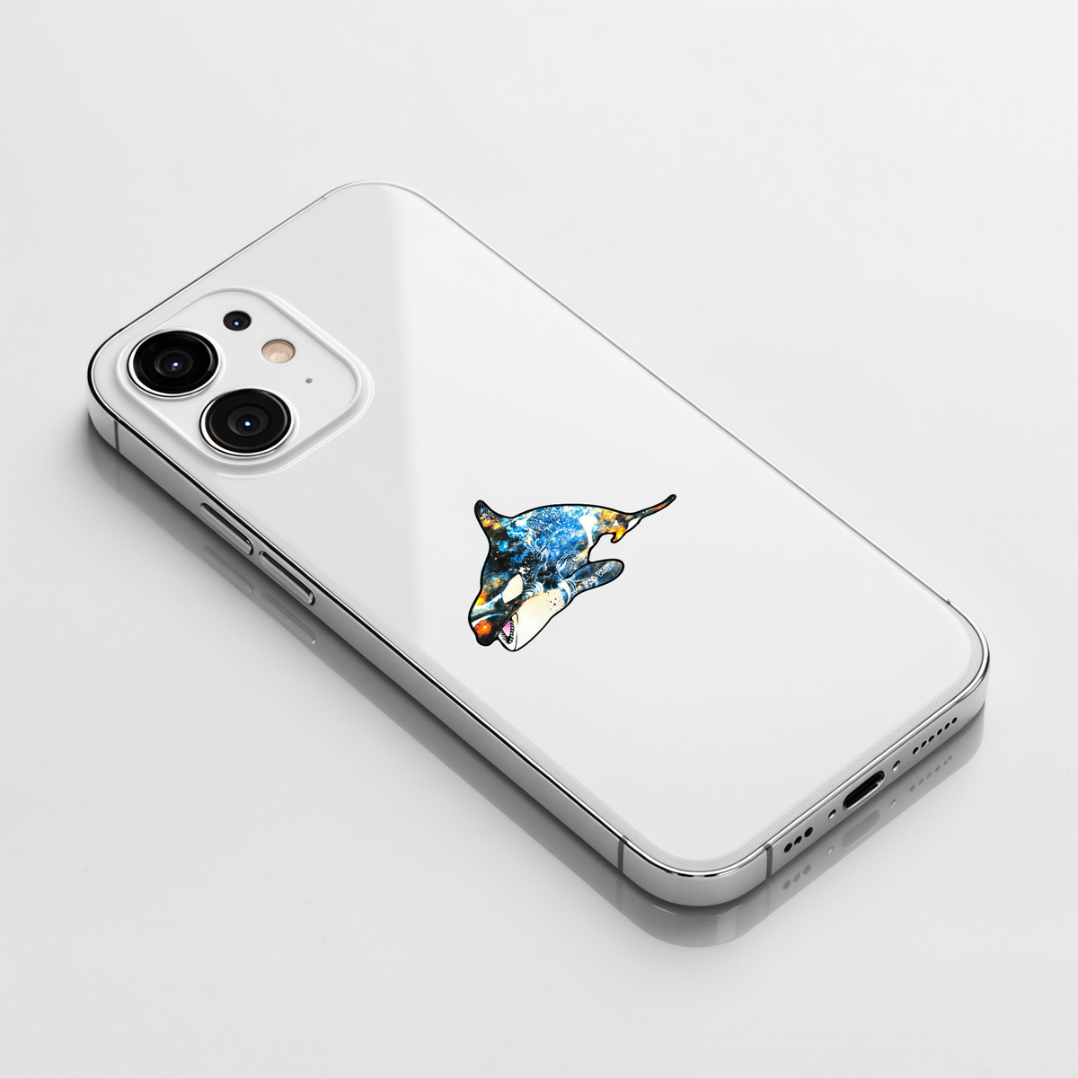 Colorful Orca Killer Whale ✦ B-Side Label Sticker shown on a white iPhone; illustrative placement, not to scale.