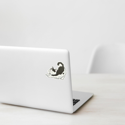 Black & White Cat Stretching ✦ B-Side Label Sticker shown on a white laptop; illustrative placement, not to scale.