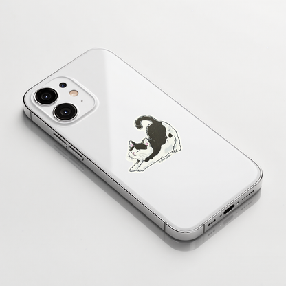 Black & White Cat Stretching ✦ B-Side Label Sticker shown on a white iPhone; illustrative placement, not to scale.
