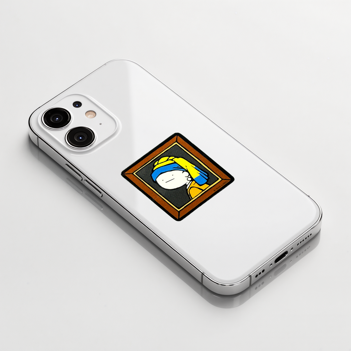 Girl Pearl Earring Portrait sticker shown on a white iPhone; illustrative placement, not to scale.