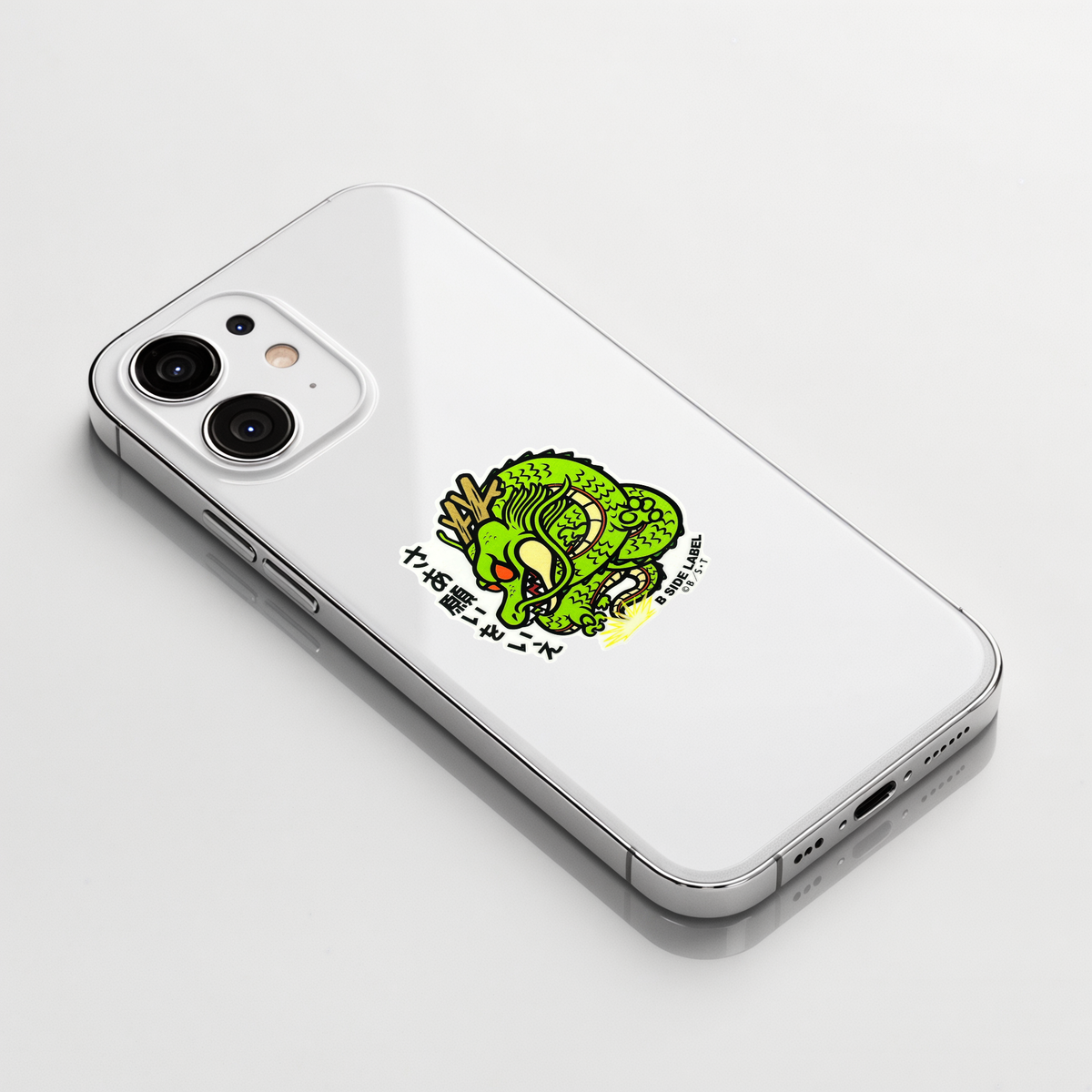 Dragon Ball Z - Shenron ✦ B-Side Label Sticker shown on a white iPhone; illustrative placement, not to scale.
