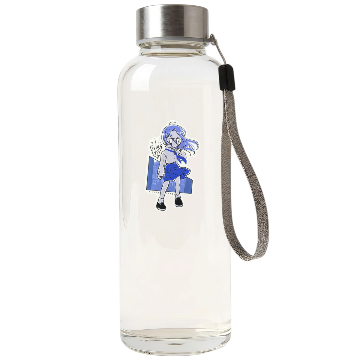 Cute Girl Defiant Pose ✦ B-Side Label Sticker on bottle — Shopify Medium PhotoRoom template, orientation corrected from verified original photograph