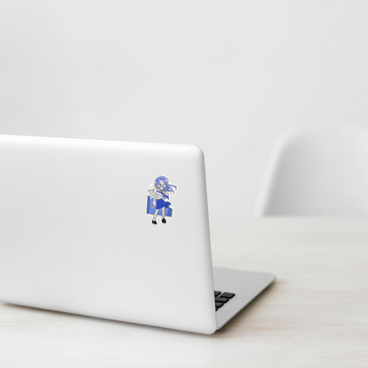 Cute Girl Defiant Pose ✦ B-Side Label Sticker on white laptop — Shopify Medium PhotoRoom template, orientation corrected from verified original photograph