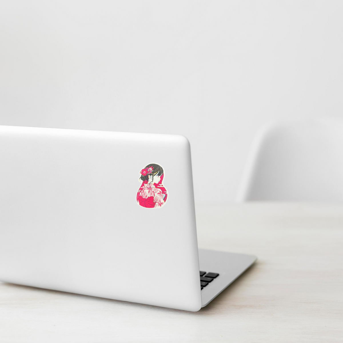 Beautiful Kimono Girl ✦ B-Side Label Sticker on white laptop — Shopify Medium PhotoRoom template, orientation corrected from verified original photograph