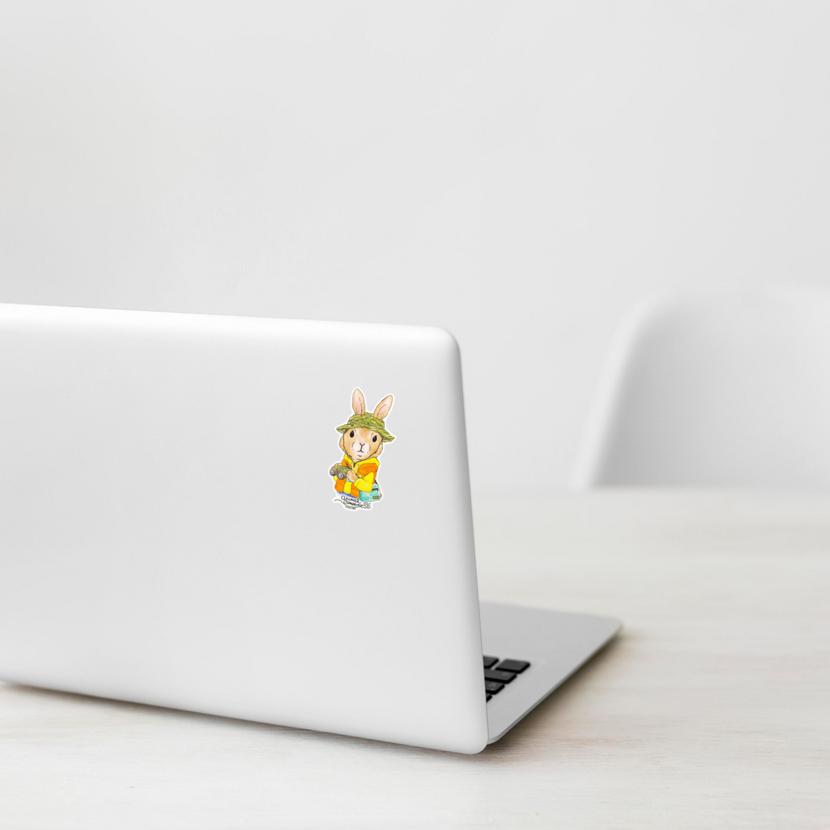Rabbit Fluffy Camouflage Hat Camper   ✦ B-Side Label Sticker on white laptop — Shopify Medium PhotoRoom template, orientation corrected from verified original photograph