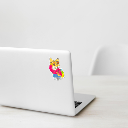 Cute Fox Camper ✦ B-Side Label Sticker on white laptop — Shopify Medium PhotoRoom template, orientation corrected from verified original photograph