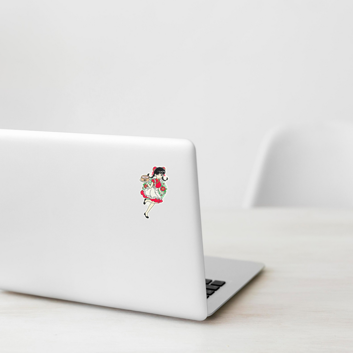 Winking Pigtails Waitress ✦ B-Side Label Sticker on white laptop — Shopify Medium PhotoRoom template, orientation corrected from verified original photograph