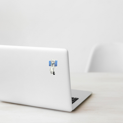 Cute Woman & Cat At Bar ✦ B-Side Label Sticker on white laptop — Shopify Medium PhotoRoom template, orientation corrected from verified original photograph