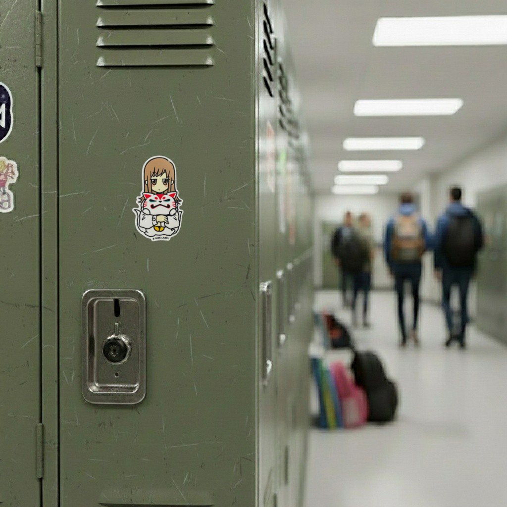 Cute Girl Holding Oinari ✦ B-Side Label Sticker on locker — Shopify Medium PhotoRoom template, orientation corrected from verified original photograph