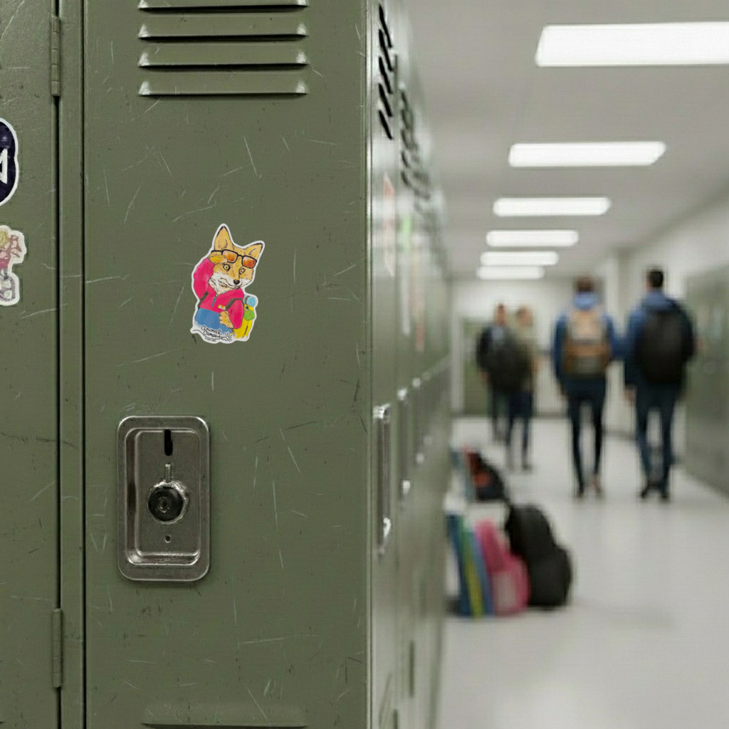 Cute Fox Camper ✦ B-Side Label Sticker on locker — Shopify Medium PhotoRoom template, orientation corrected from verified original photograph