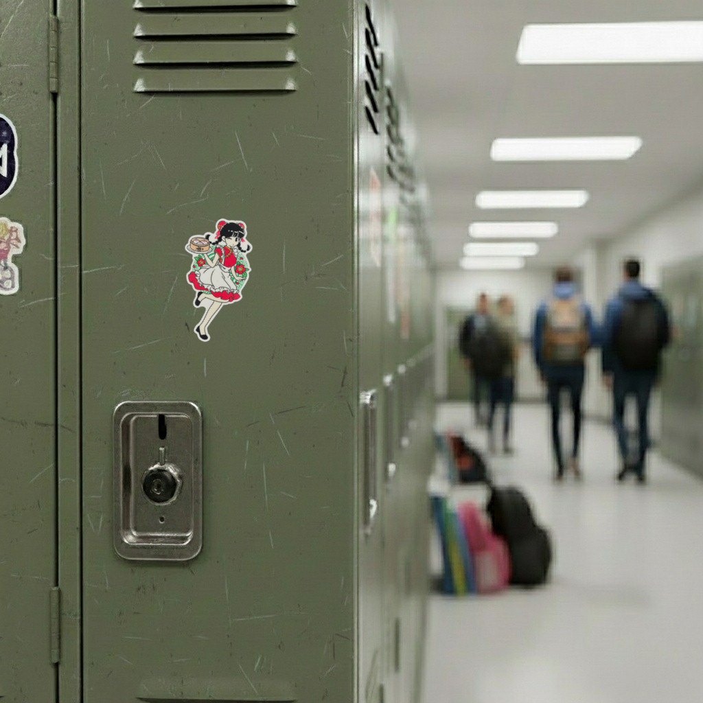 Winking Pigtails Waitress ✦ B-Side Label Sticker on locker — Shopify Medium PhotoRoom template, orientation corrected from verified original photograph
