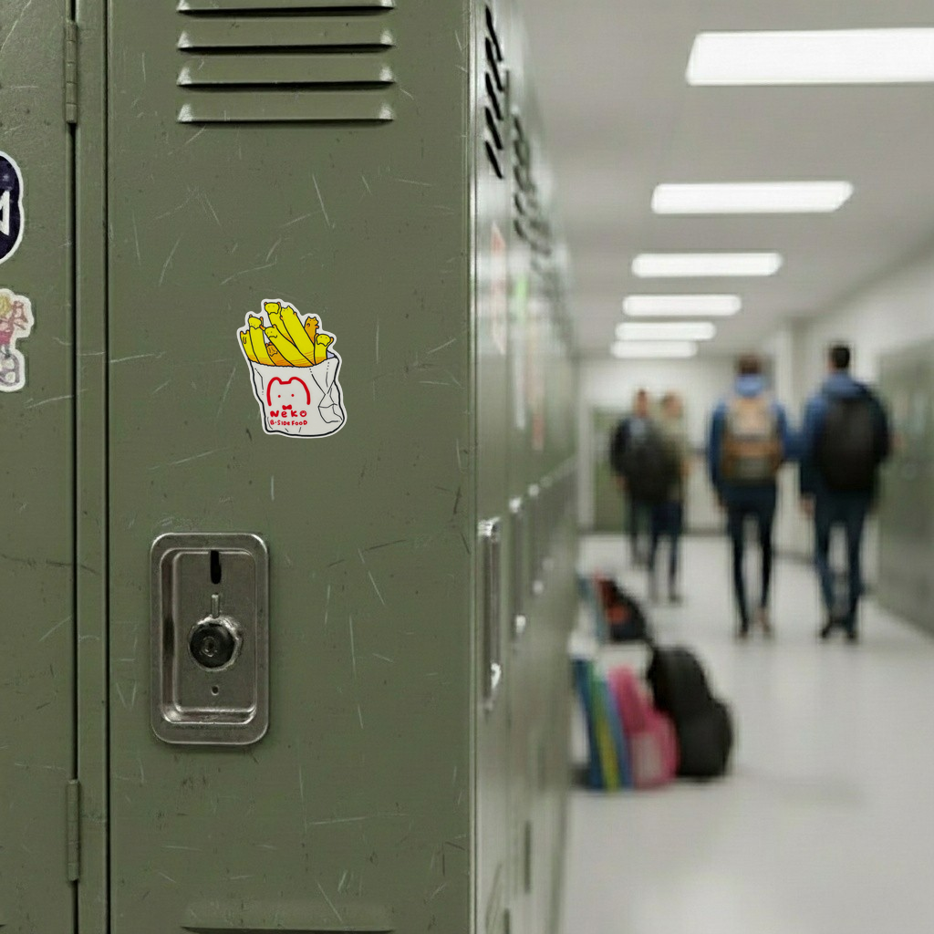 Kitten French Fries sticker on locker — Shopify PhotoRoom template, verified original photograph