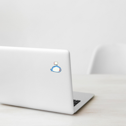 Depleted Battery Shark sticker on laptop — Shopify PhotoRoom template, verified original photograph