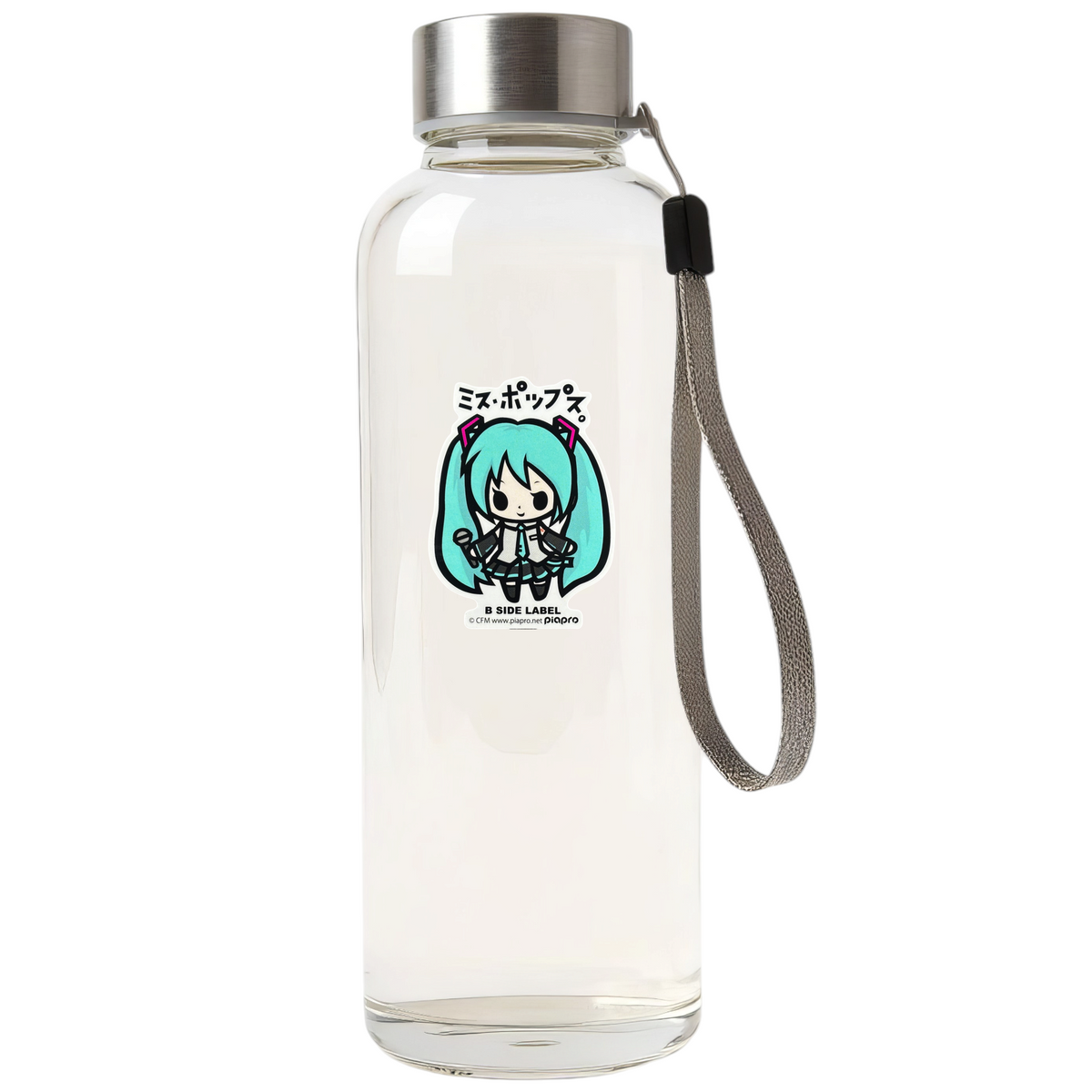 Hatsune Miku CV01 Vocaloid ✦ B-Side Label Sticker on bottle — Shopify Medium template, original photograph, mask corrected in PhotoRoom