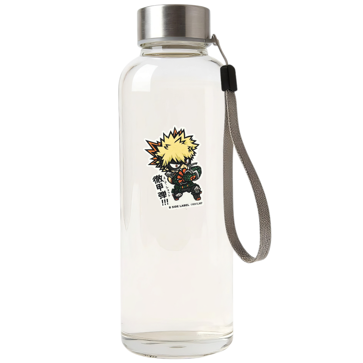My Hero Academia Bakugo Katsuki AP Shot ✦ B-Side Label Sticker on bottle — Shopify Medium template, original photograph, mask corrected in PhotoRoom