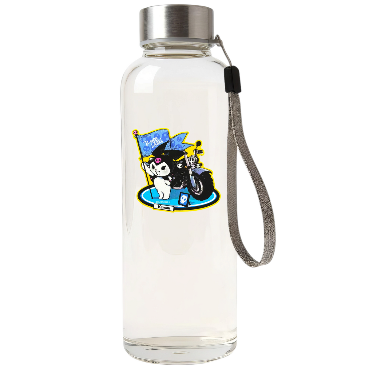 Sanrio Kuromi Rebel Biker Girl  ✦ B-Side Label Sticker — bottle scene using the Shopify PhotoRoom template and original photograph