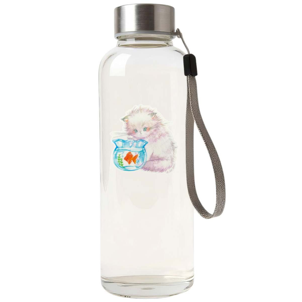 Cute Cat and Goldfish ✦ B-Side Label Sticker — bottle scene using the Shopify PhotoRoom template and original photograph