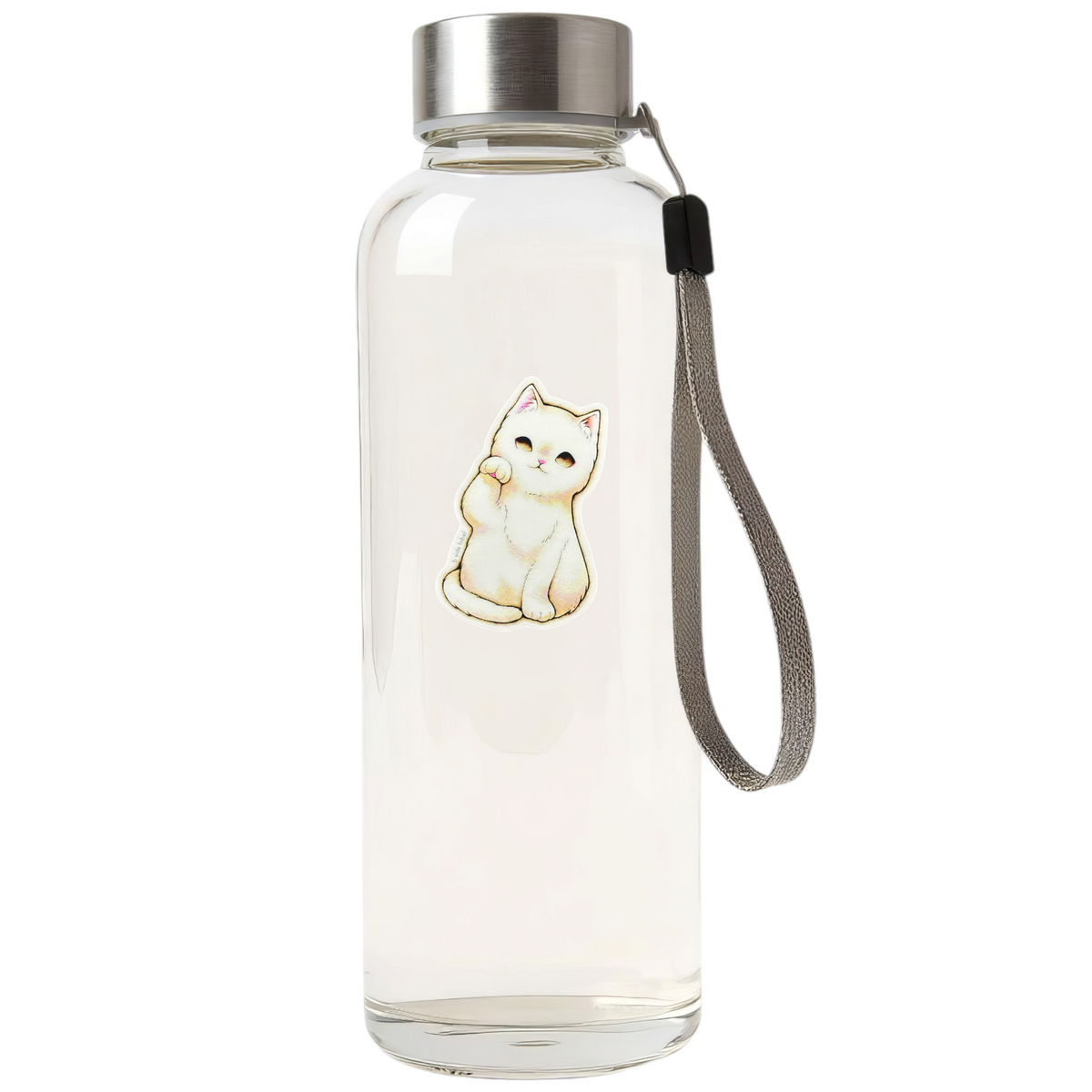 Fluffy Welcoming Cat ✦ B-Side Label Sticker — bottle scene using the Shopify PhotoRoom template and visually verified original photograph