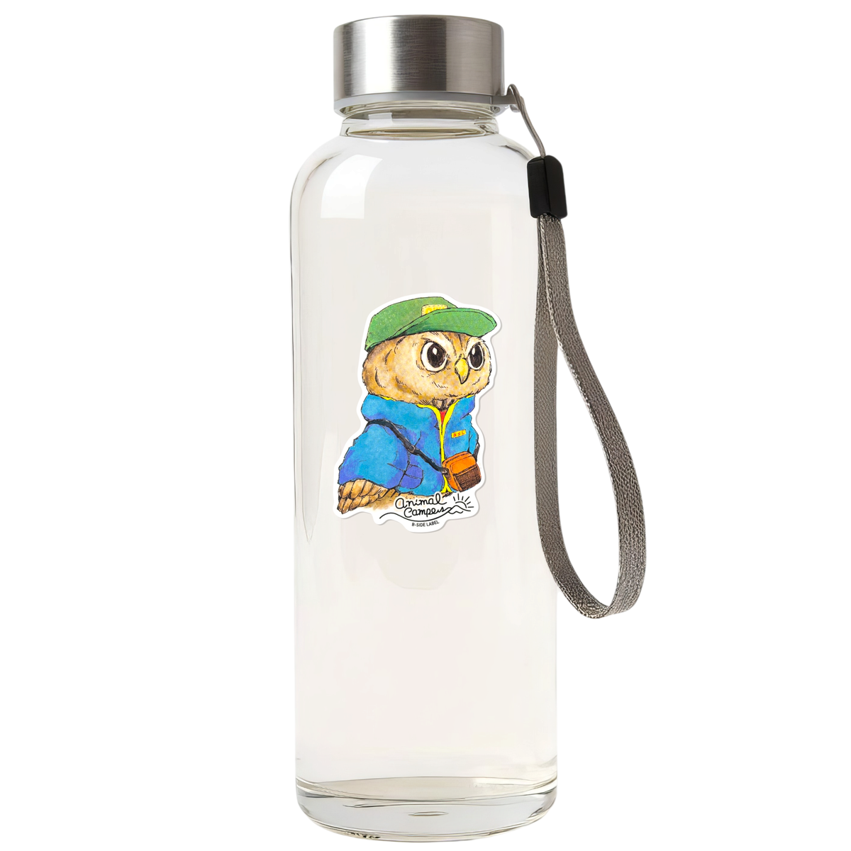 Cute Owl Camper ✦ B-Side Label Sticker — bottle scene using the Shopify PhotoRoom template and original photograph
